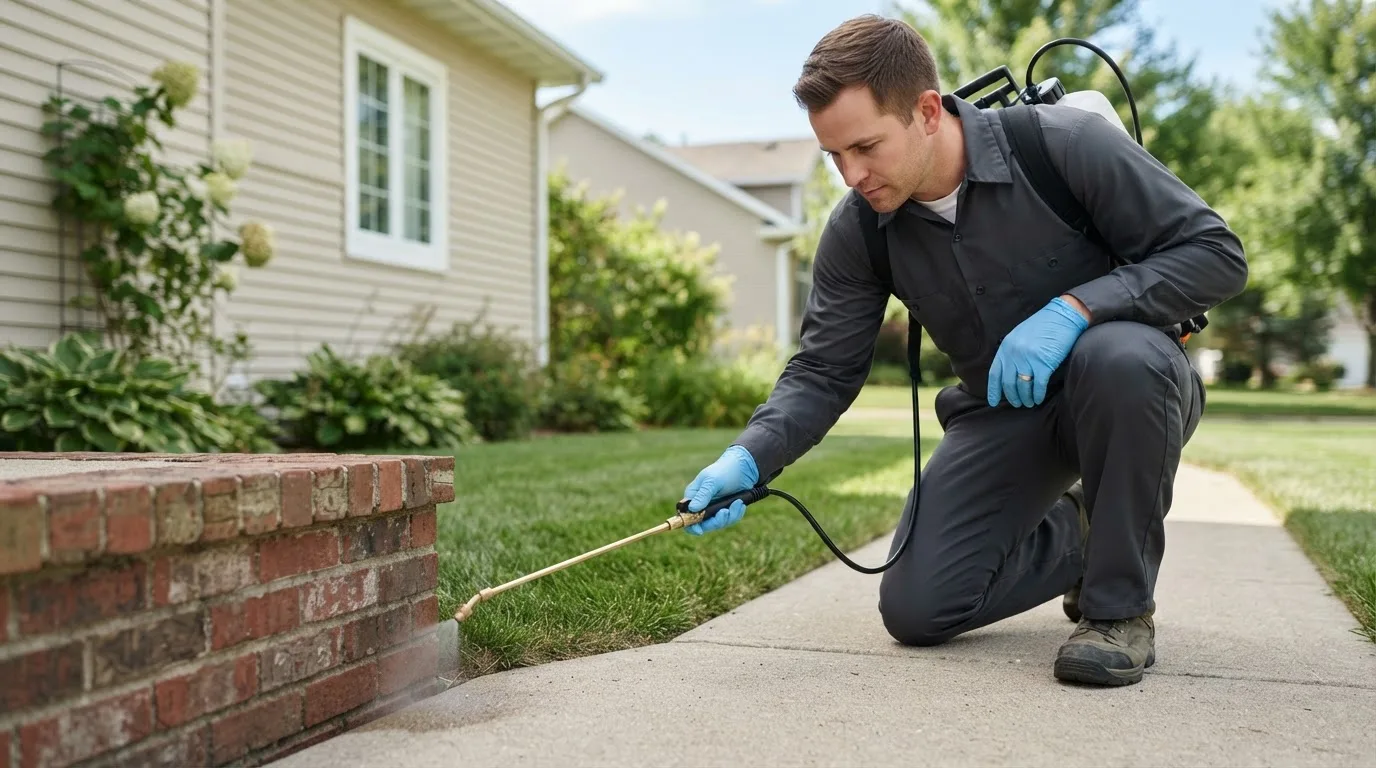 Pest control technician treating a home near Sheffield, IA
