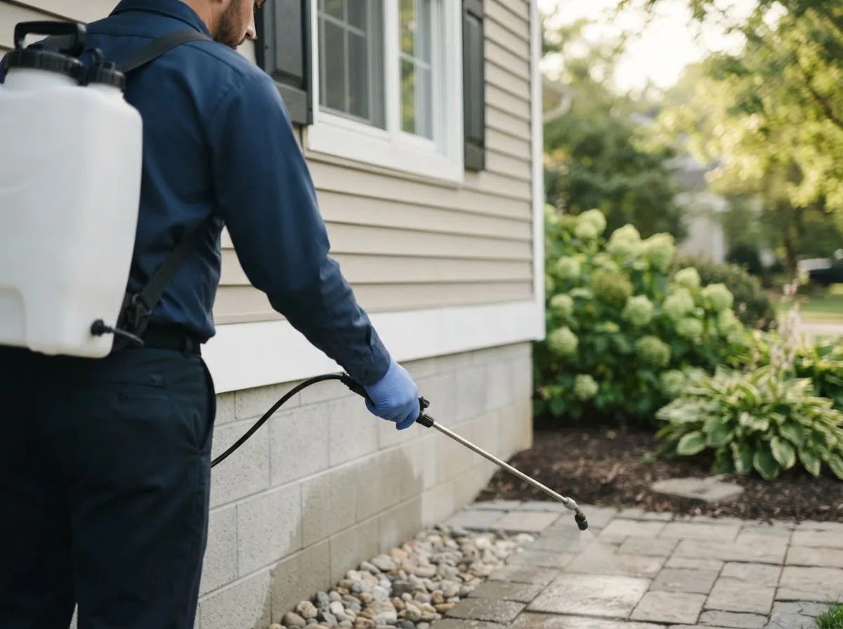 Pest control technician inspecting a home in Sheffield, IA
